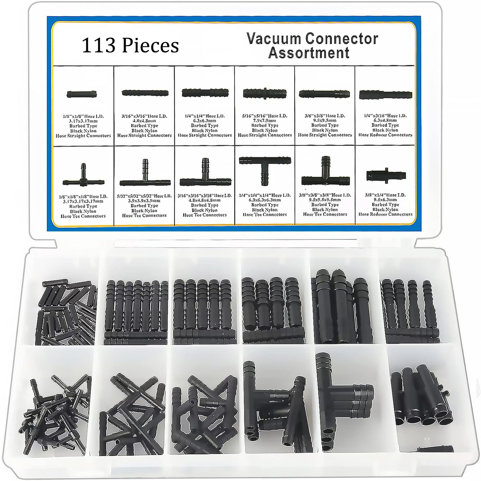 Vacuum Connector Assortment Vacuum Line Fittings Kit 113Pcs 12 Sizes, Tube Conne