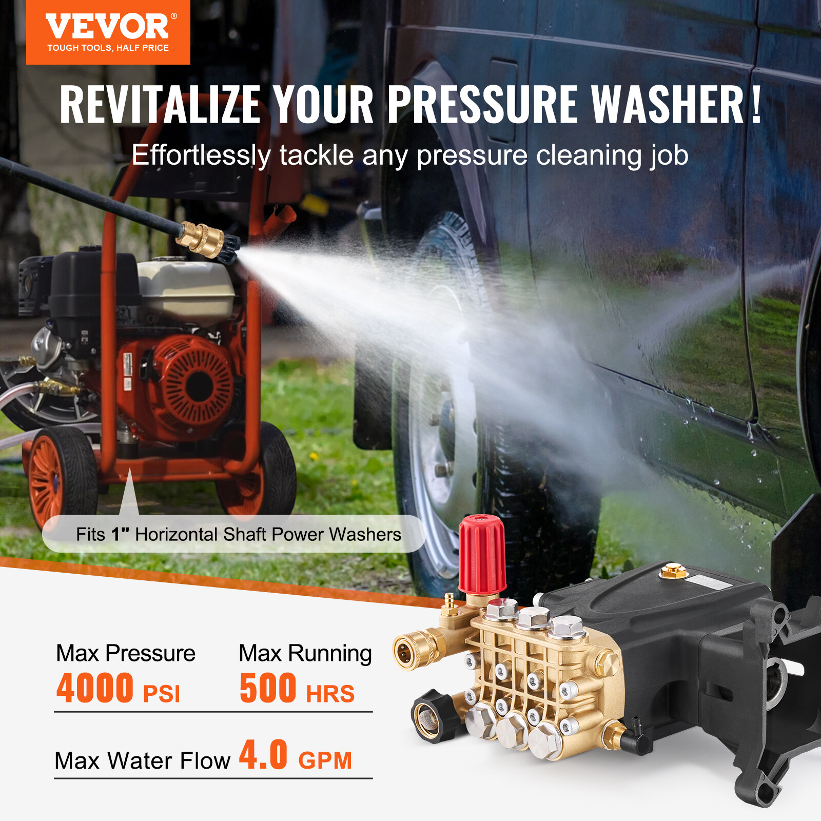 Pressure Washer Pump 1″ Shaft Horizontal Triplex Plunger 4000 PSI 4.0GPM