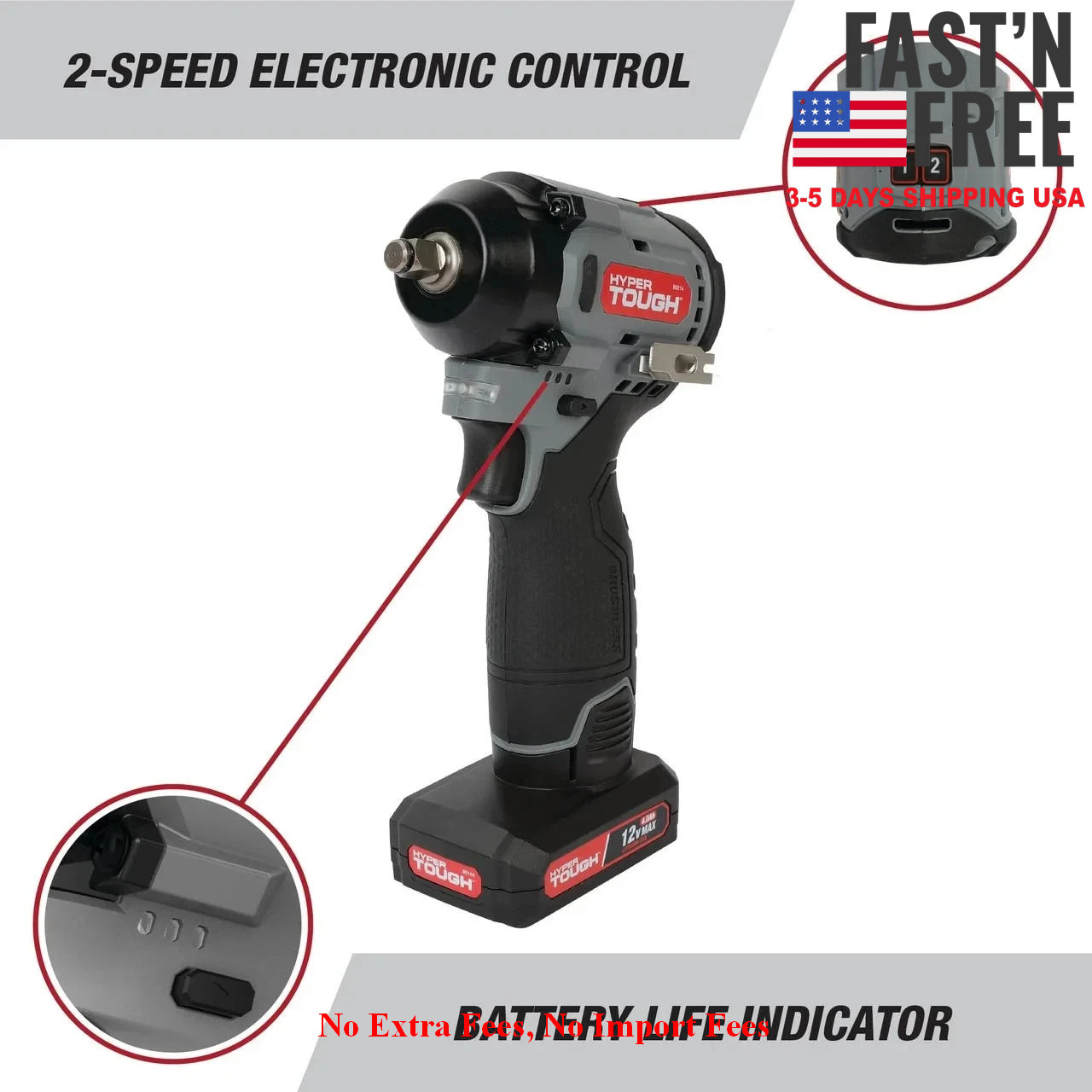 Hyper Tough 12V Max Cordless Brushless Impact Wrench with 4.0Ah Lithium-Ion Batt