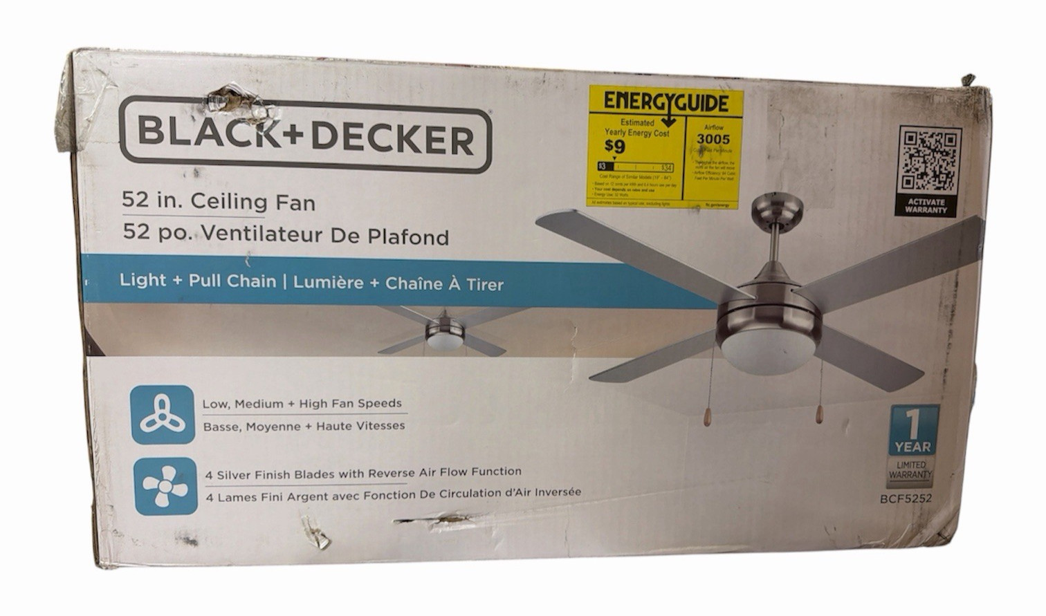 Black+Decker 52″ 4-Bladed Indoor Ceiling Fan w/ Light Brushed Nickel & Silver