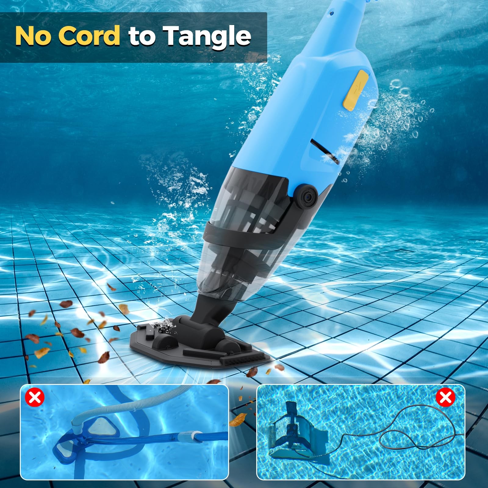 Powered Cordless Handheld Pool Vacuum, Rechargeable Pool Cleaner 60 Mins Runtime