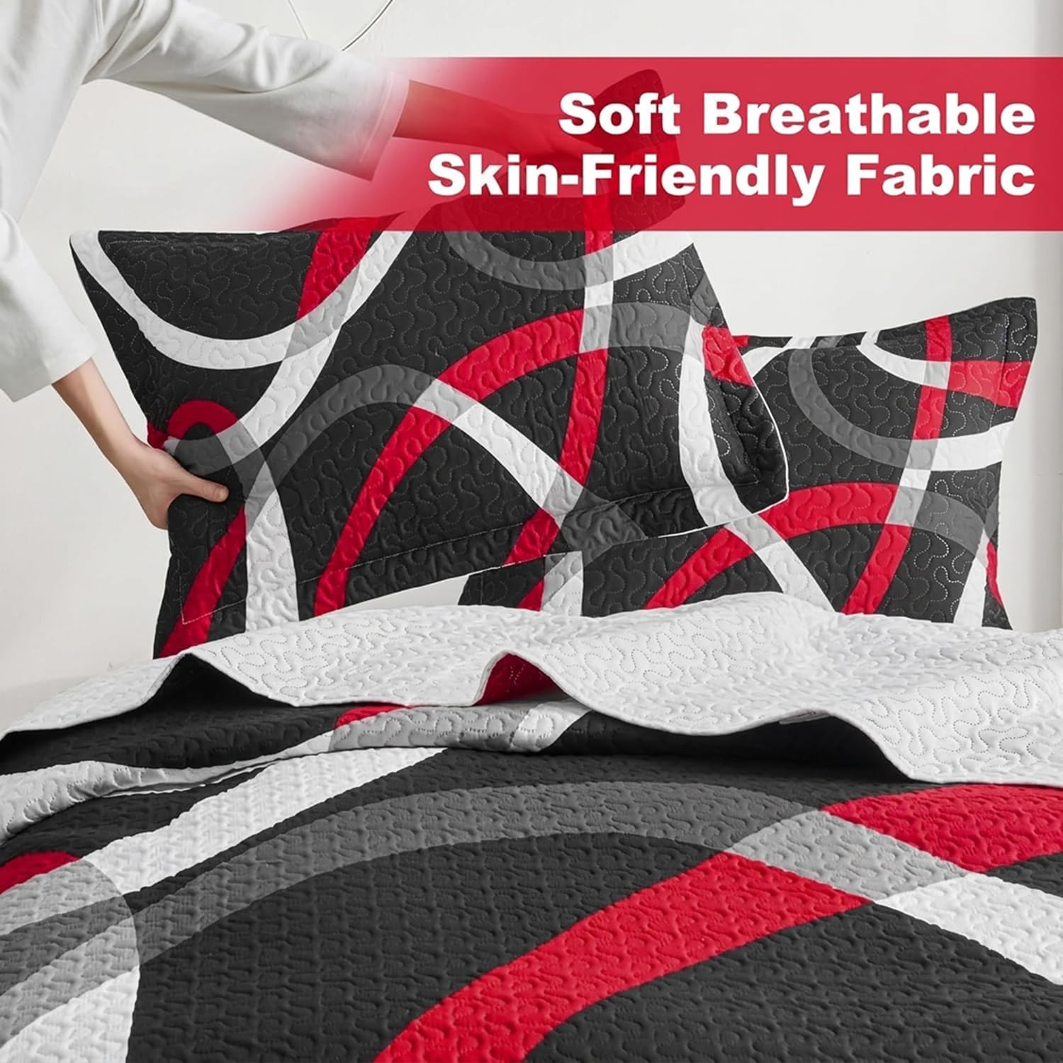 Black and Red Bedding Quilt King Size with 2 Shams, Modern Stripe Comforter Sets