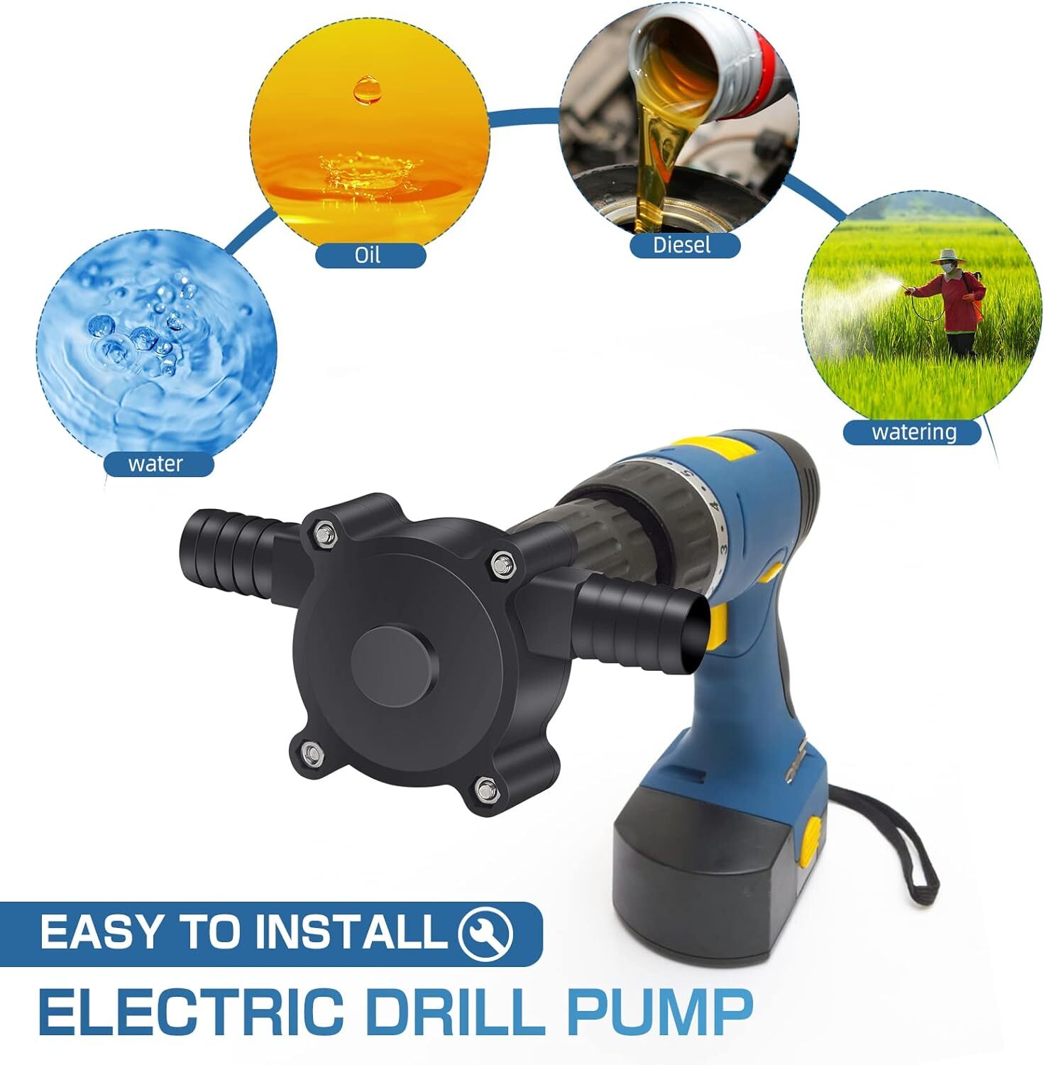 Hex Shank Drill Pump No Battery Needed 40L/min High Flow for Water/Oil RV/Boat
