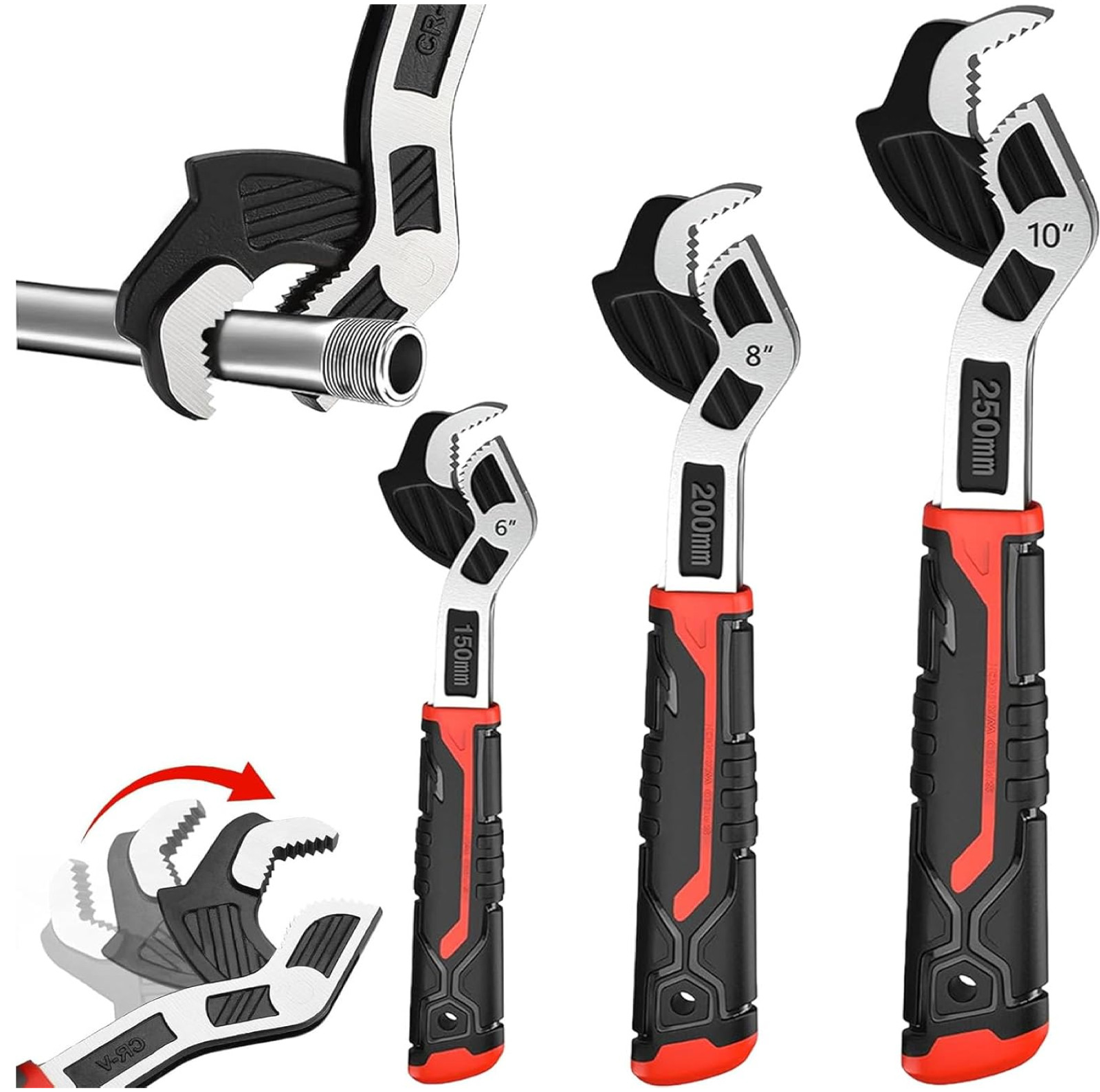 6” 8” 10” Multi-Function Self-Locking Pipe Wrench Set, Chromium Vanadium Steel,P
