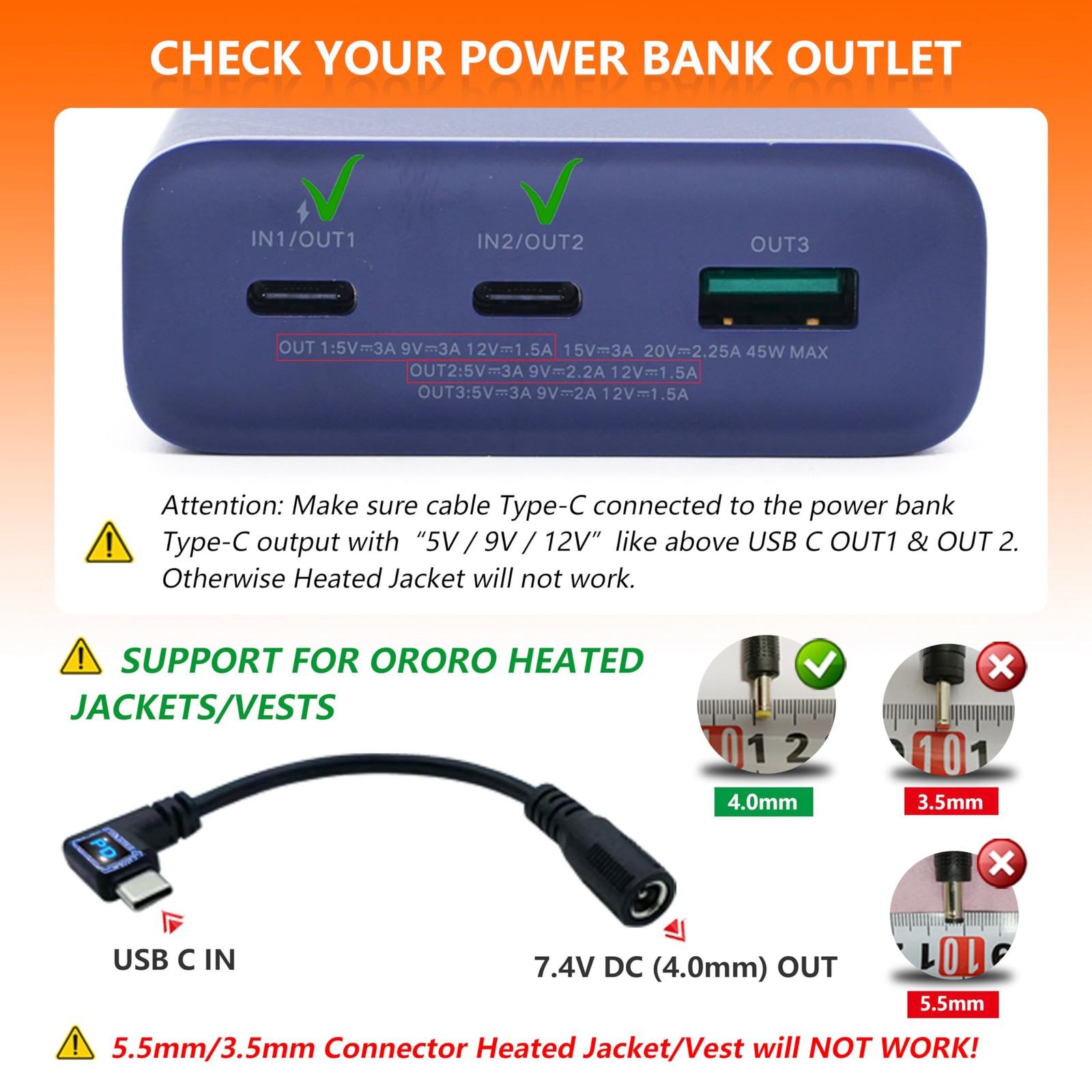 7.4V/9V Heated Vest & Jacket Battery Step-up Adapter Charger for ORORO,WASOTO…