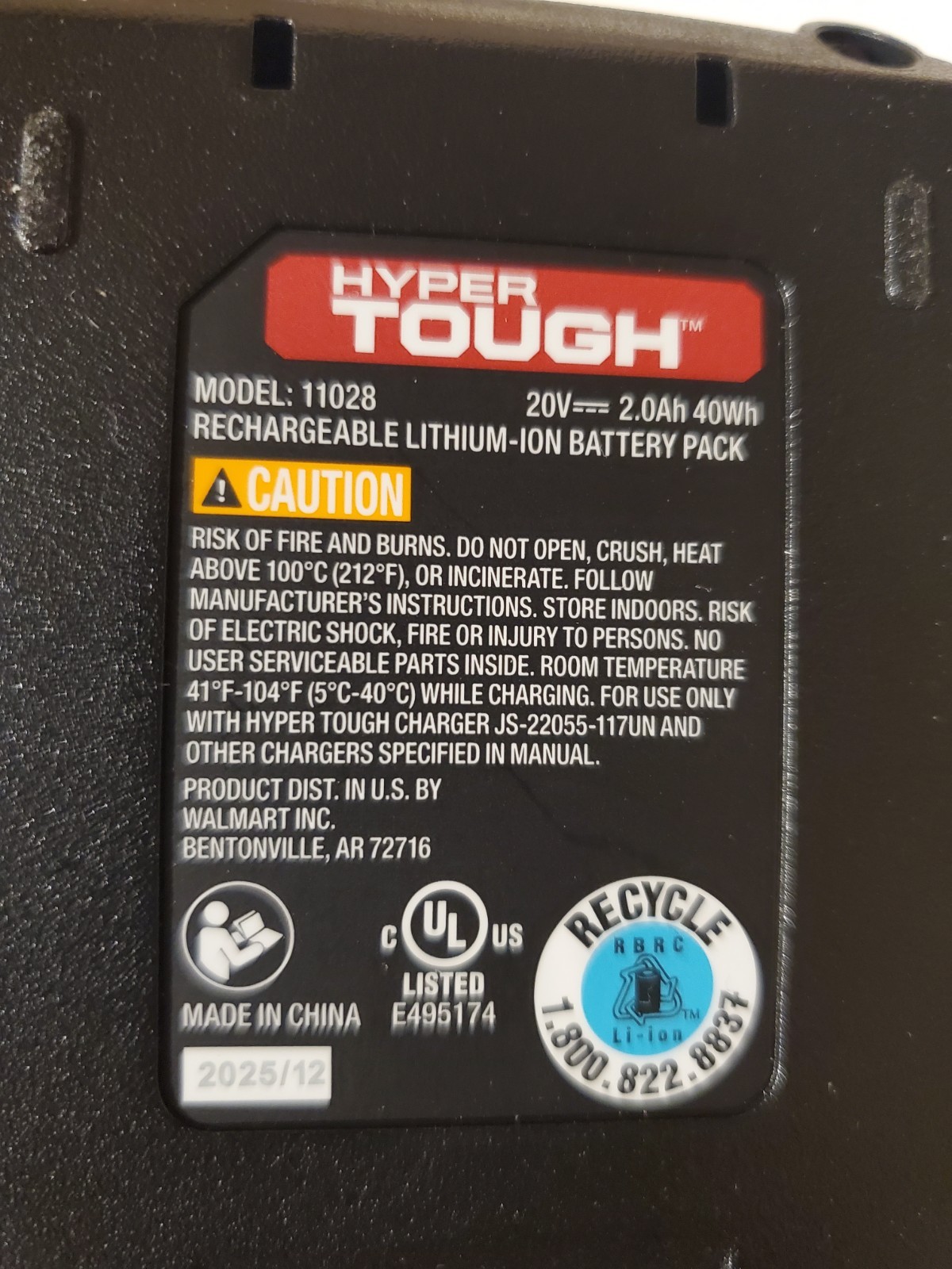 Hyper Tough 20V Max Lithium-Ion Battery Pack 2.0Ah Model: 11028 New