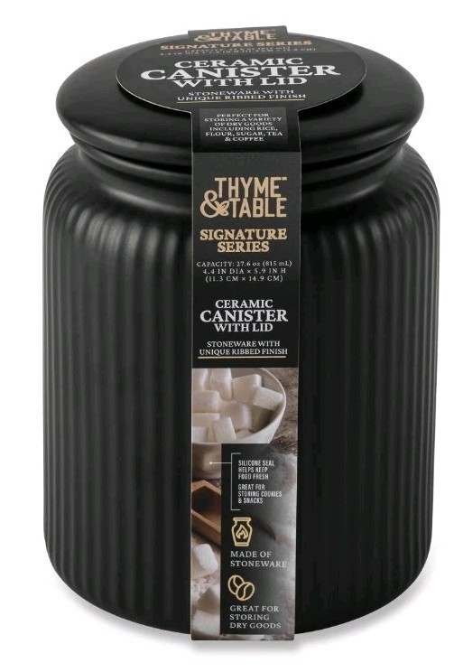 Thyme & Table ~ 27.6 Ounce BLACK Ribbed Jar ~ Canister w/Lid ~ 4.4 in x 5.9 Tall