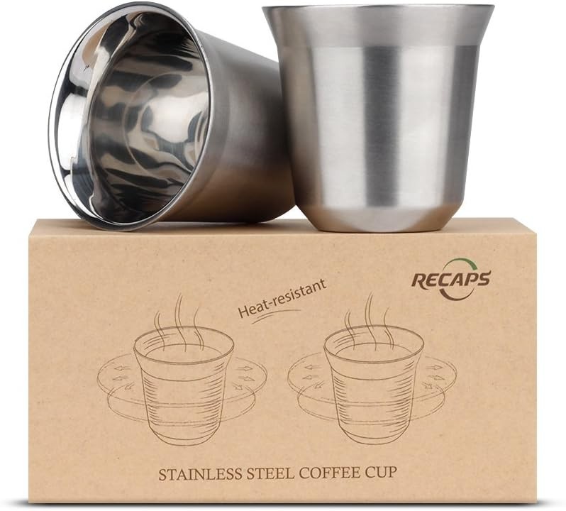 RECAPS 80ml Stainless Steel Espresso Cups Set – 2 Pack Double Wall 304 Stainl…