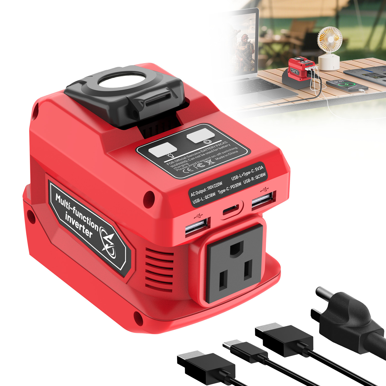 220W Power Inverter Compatible with Milwaukee 18V Battery – DC 18V to 110V AC