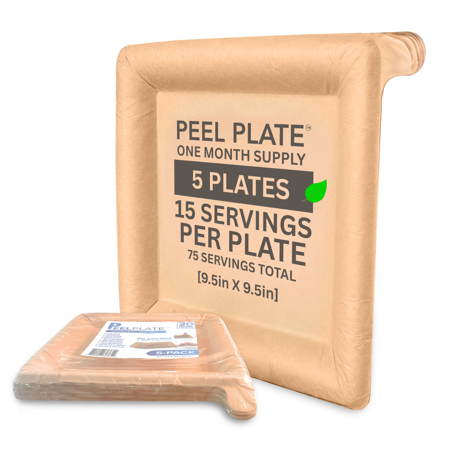 Peel Plate 5-Pack [75 Servings Total] Large 9.5in X 9.5in Peelable Paper Plate