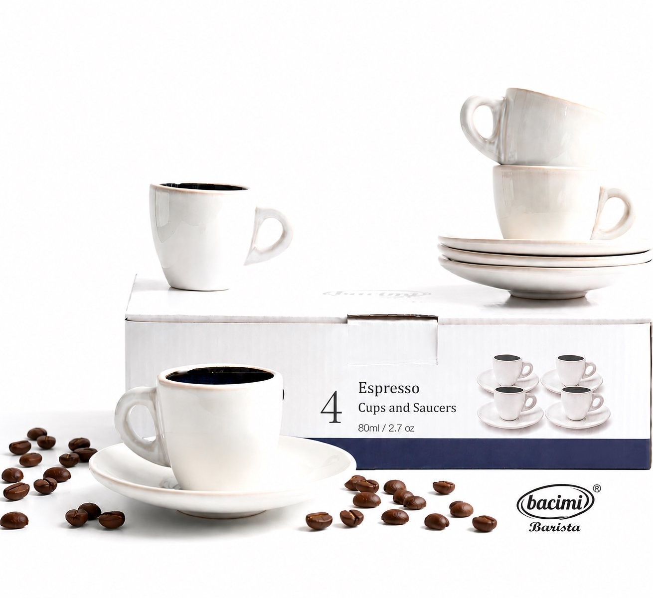 Bacimi® Espresso Cups & Saucers Set of 4 – 80ml / 2.7oz Small Stoneware Cups