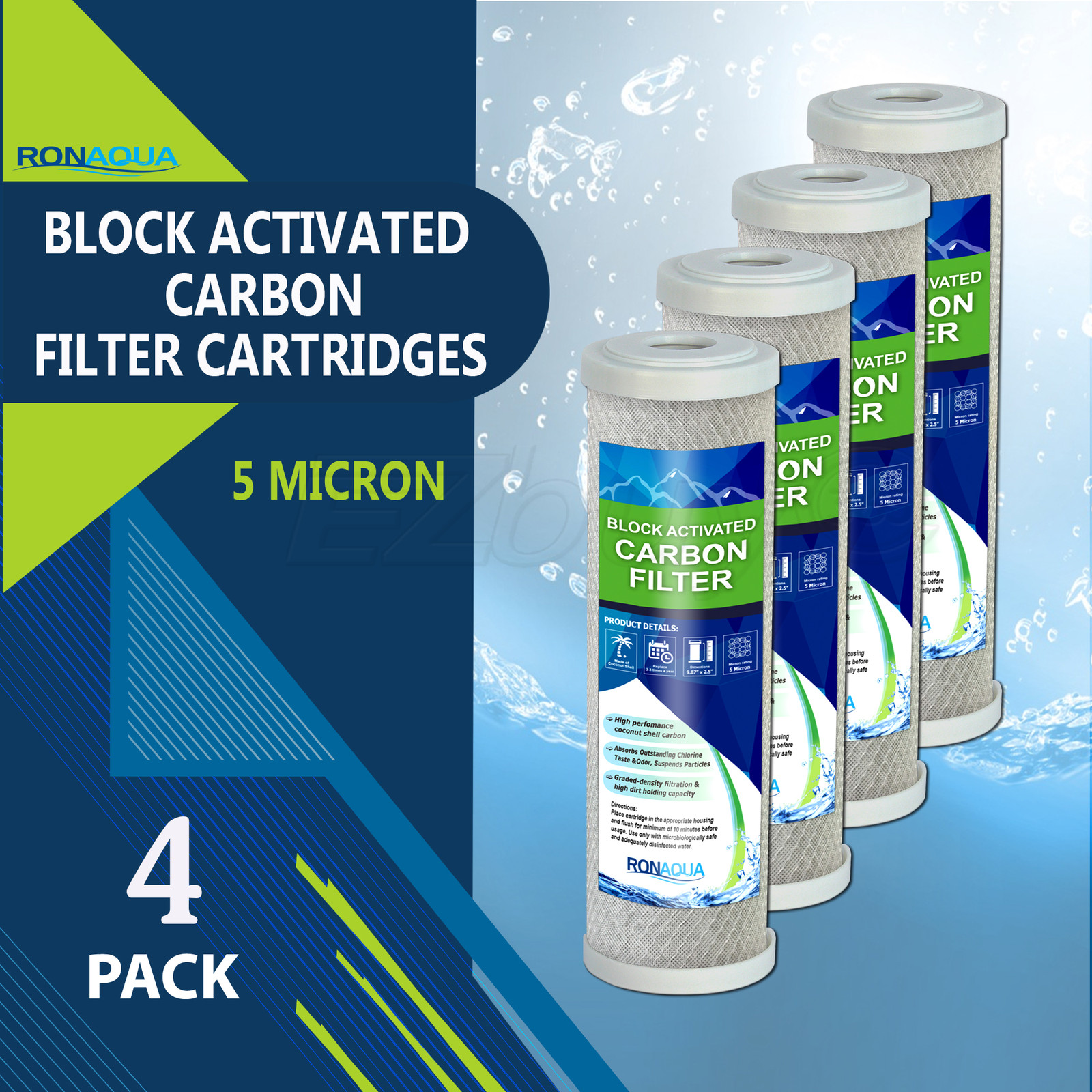 4PK- 9.875″ x 2.5″ Coconut Shell Carbon Block Water Filter for Whole house & RO