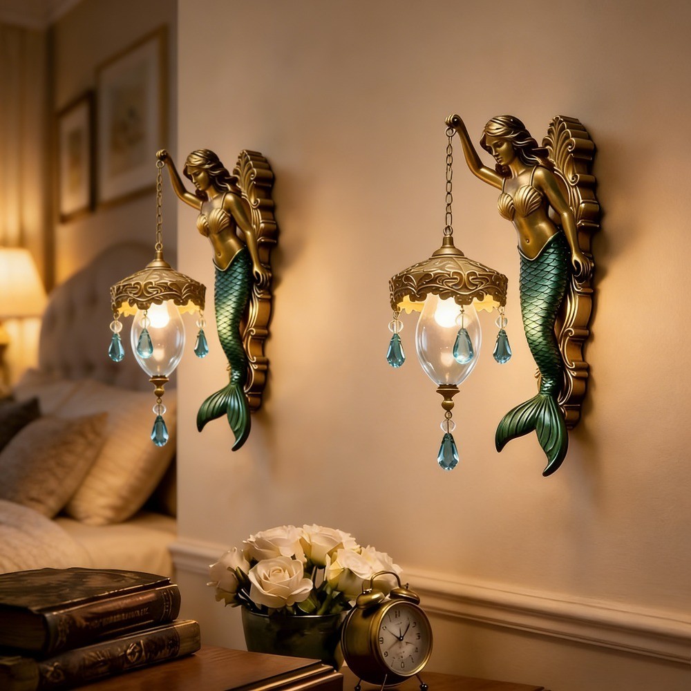 2PCS Vintage Mermaid Wall Lamp, Battery Operated with Elegant Tail Design