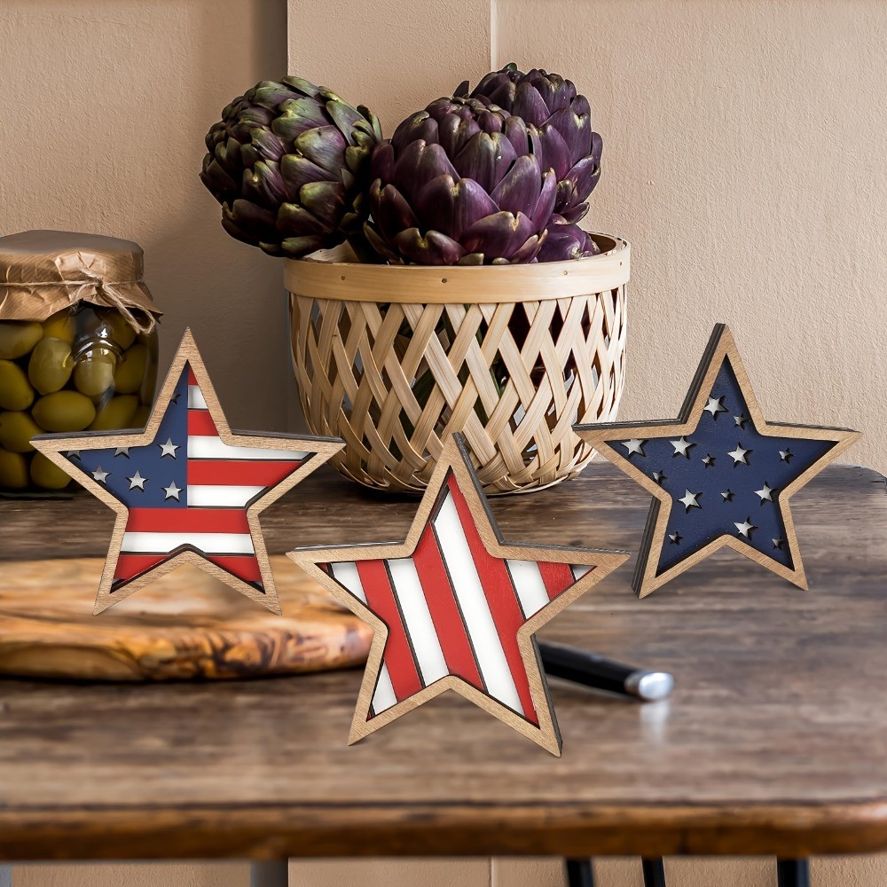 3Pcs Patriotic Wooden Star Decor American Flag Tabletop Ornament for 4th of July