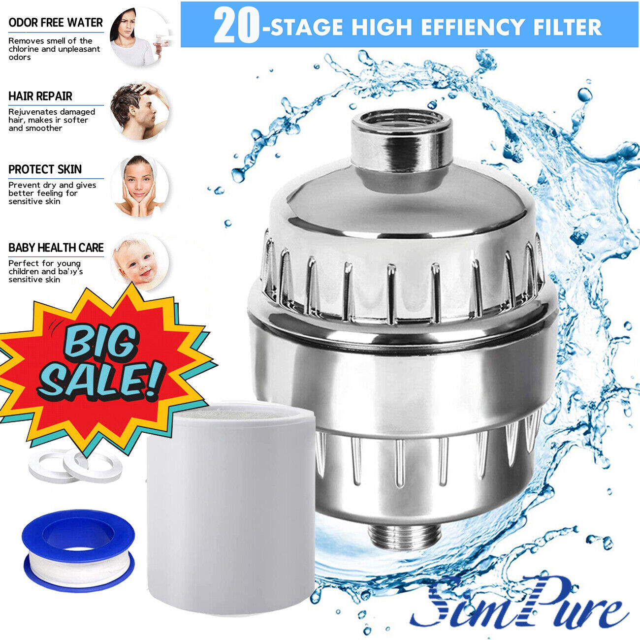 SimPure Shower Water Filter w/Replaceable 20-Stage KDF/CAG Cartridge High Output