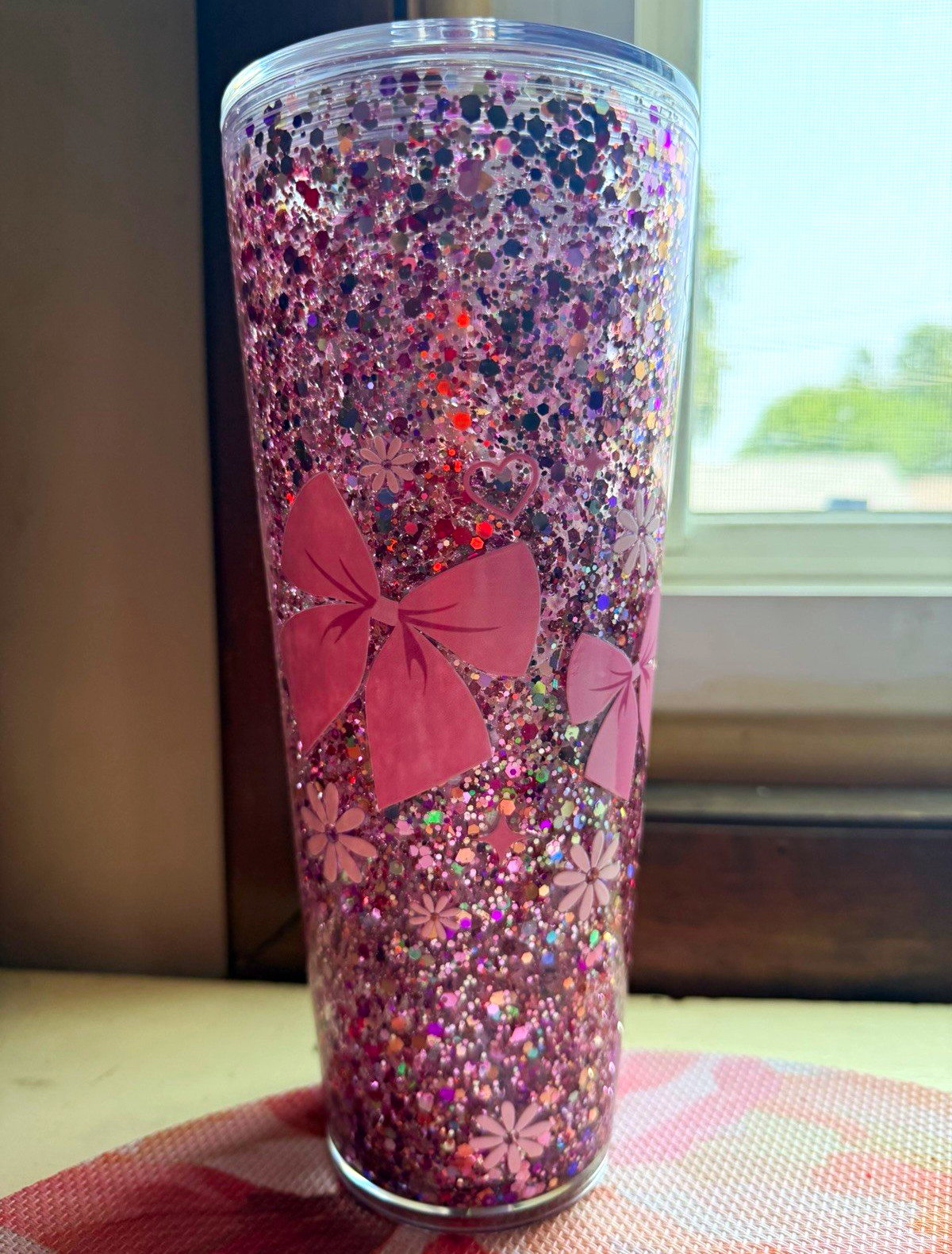Pink Glitter Floral Bow Tumbler Cup, Plastic, Drink-Through Lid, One-Piece