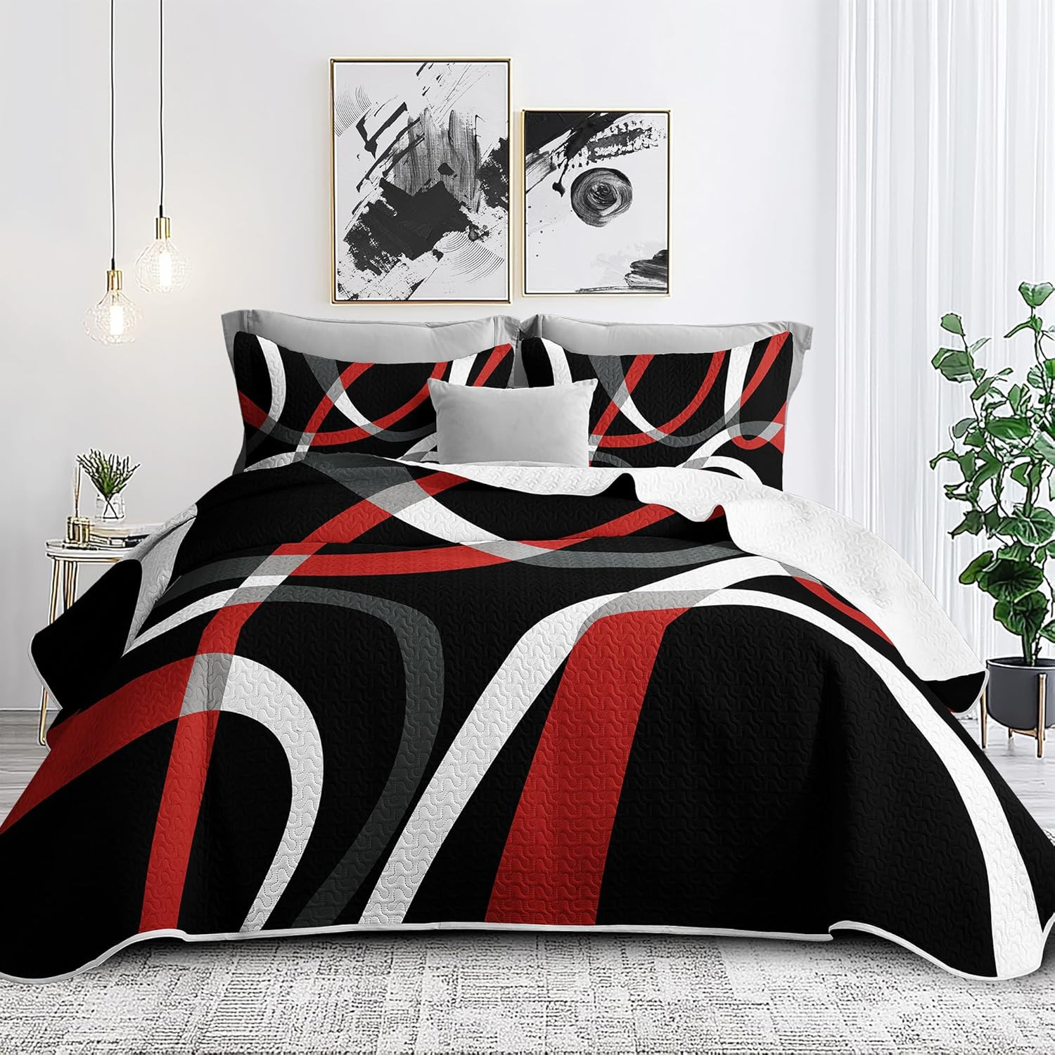 Black and Red Bedding Quilt King Size with 2 Shams, Modern Stripe Comforter Sets
