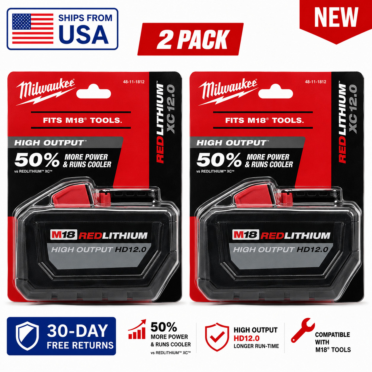 Milwaukee 48-11-1812 M18 RedLithium High Output HD 12.0 Battery Pack New 2pack