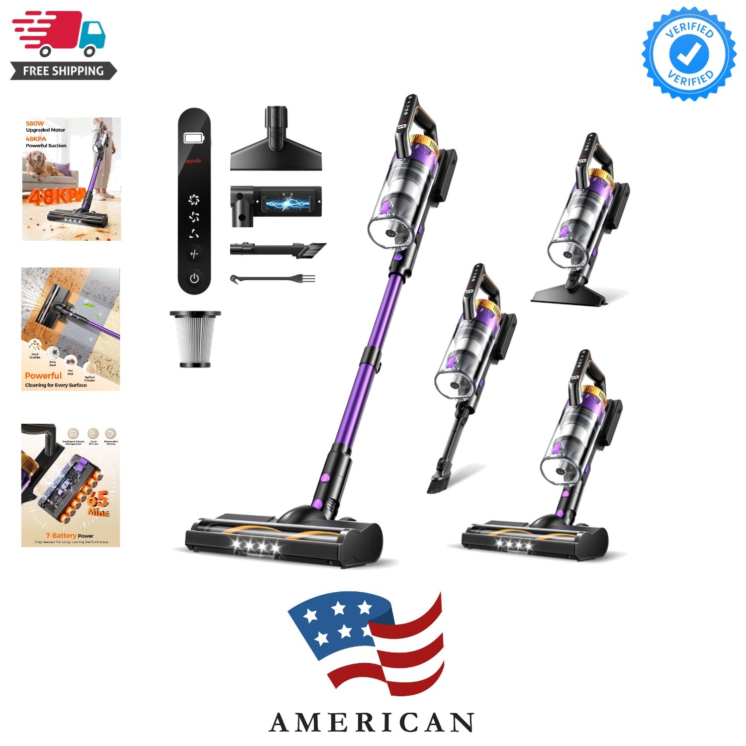 Cordless Vacuum Cleaner for Home, 580W/48KPa Powerful Suction, 65 Min Runtime…
