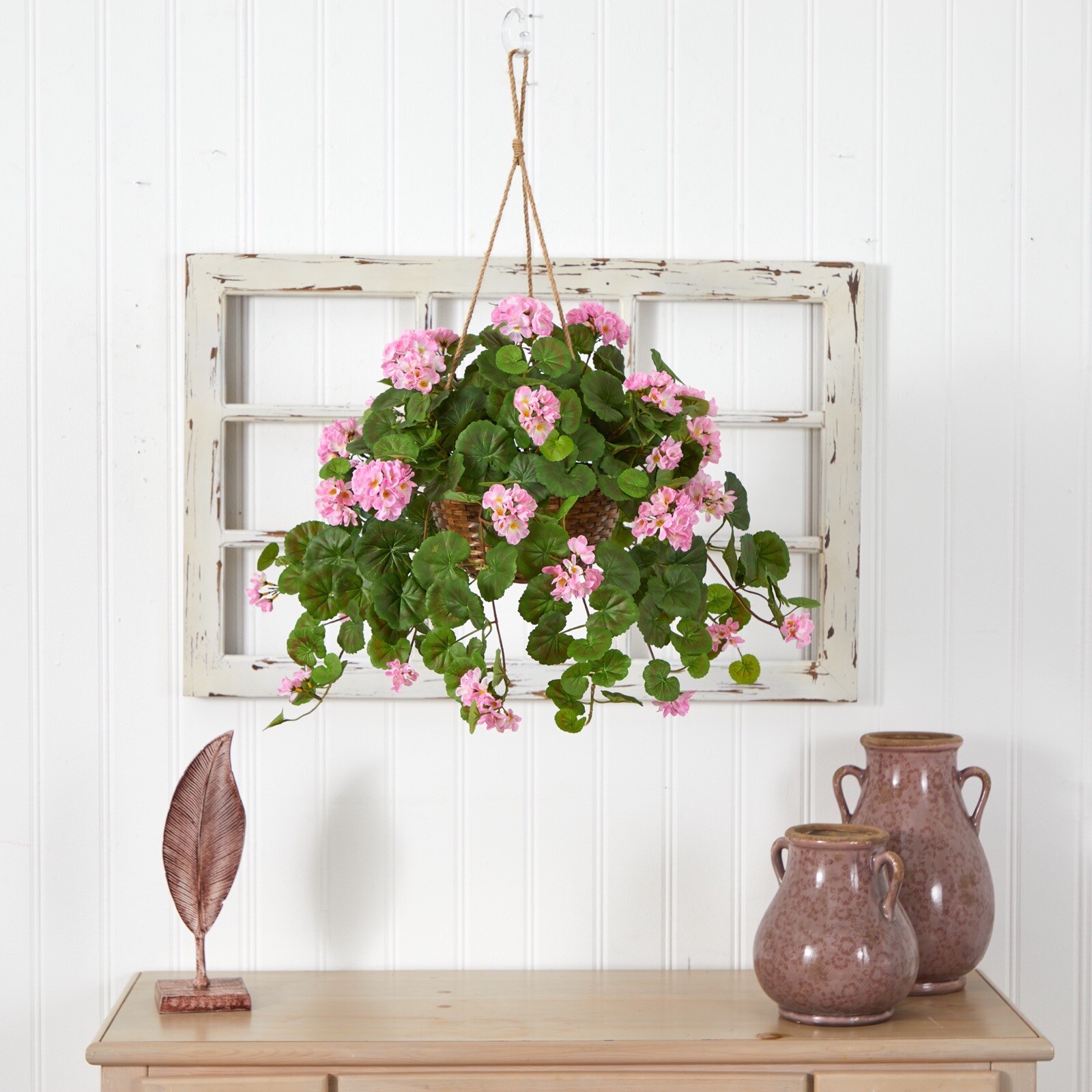 24″ Flowering Geranium Artificial Plant Hanging Basket Home Decor. Retail $88