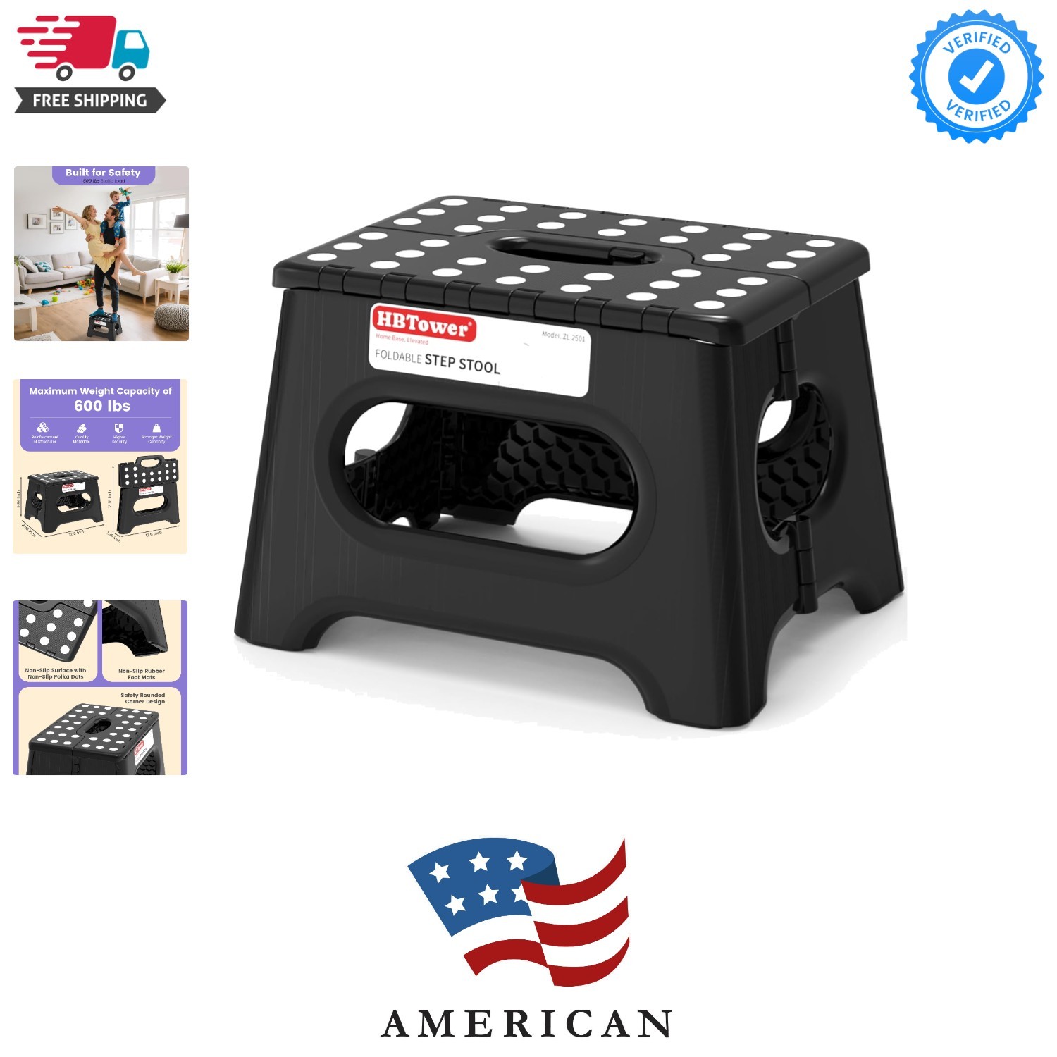 Folding Step Stool 9″ Tall, 300Lb Capacity Non-Slip Collapsible Stool Black
