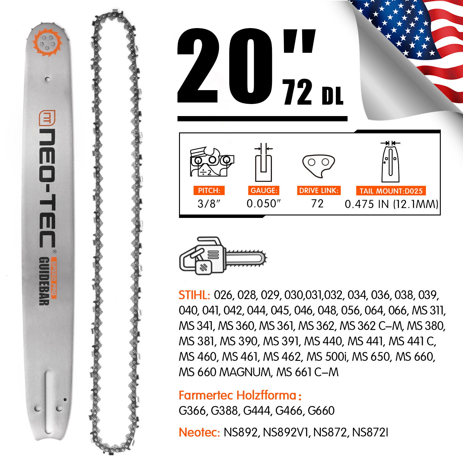 20” Chainsaw Guide Bar 3/8″ 0.050″ 72DL Chain For STIHL MS311 MS391 MS361 MS362