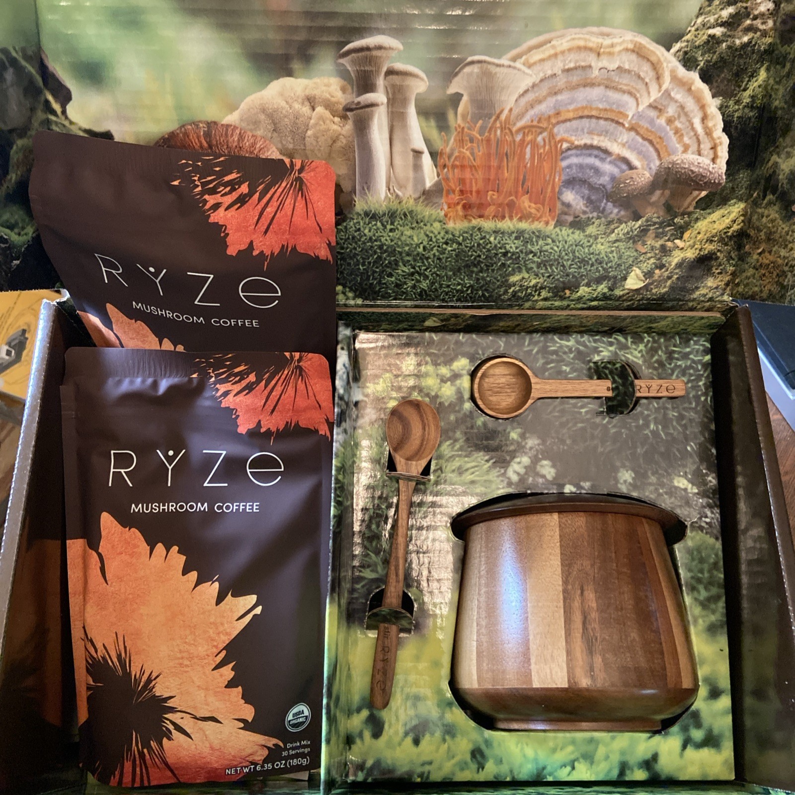 RYSE Organic Mushroom Coffee – 2 Pack & Wood Canister Gift Set