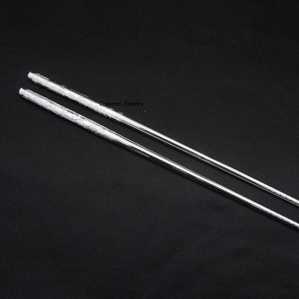 Solid S999 Fine Silver Chopsticks Carved Dragon Phoenix Dinnerware 47-48g 8.26in