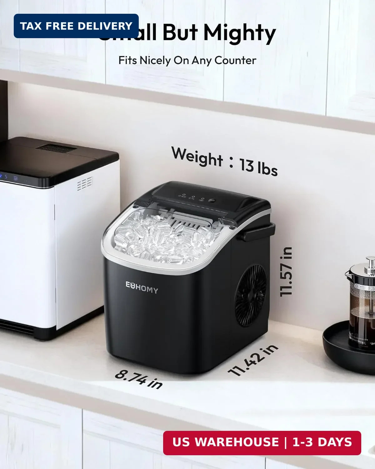 EUHOMY Countertop Ice Maker Machine with Handle, 26lbs in 24Hrs, 9 Ice Cubes Rea