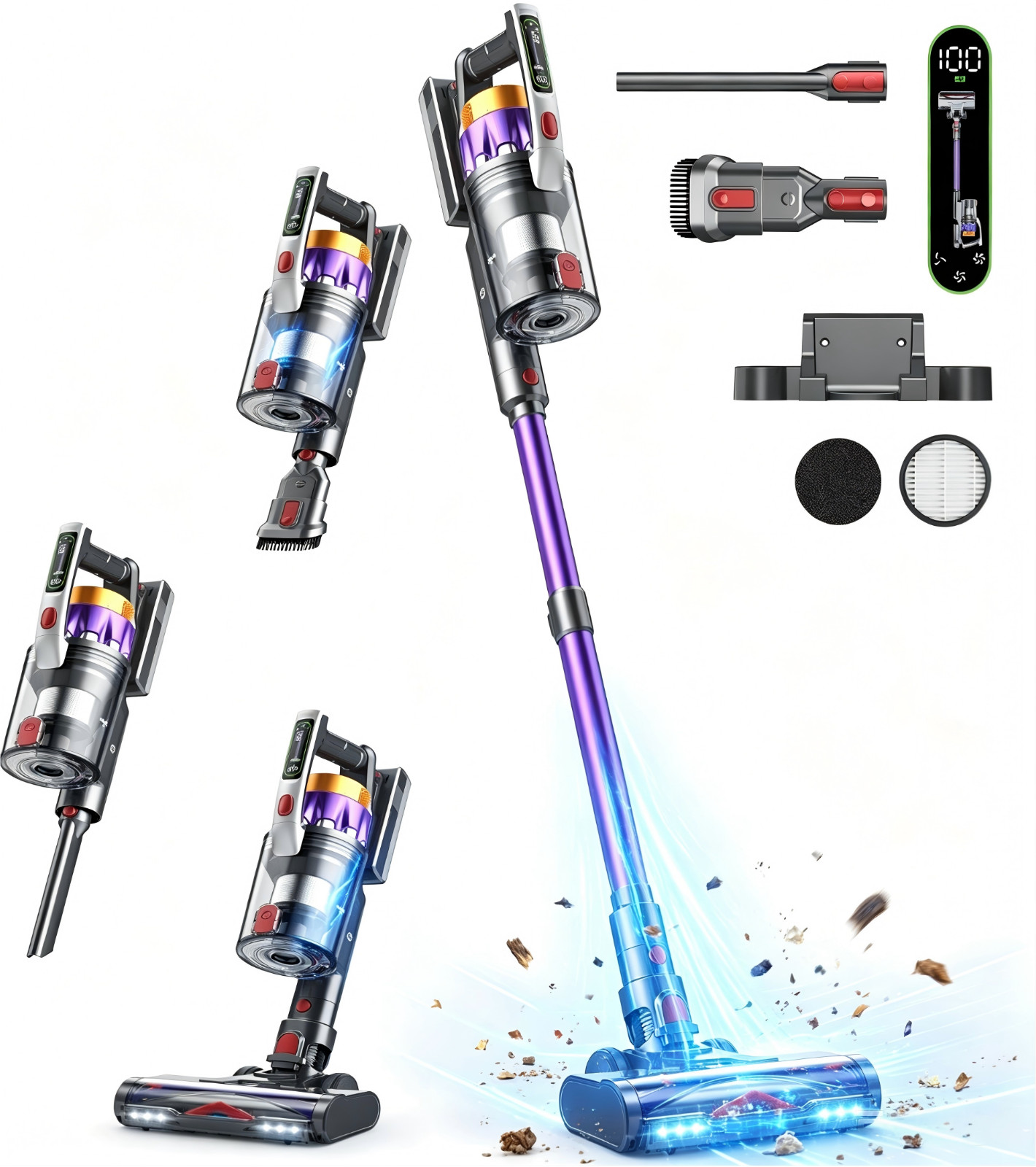 Cordless Vacuum Cleaner 65KPA 70Min Self-Standing Stick Pet Hair Hardwood Floor