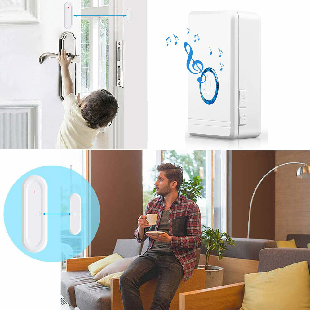 Door Open Sensor Chime 2 Magnetic Sensor Wireless Alarm 48 Chime 1300ft for Home