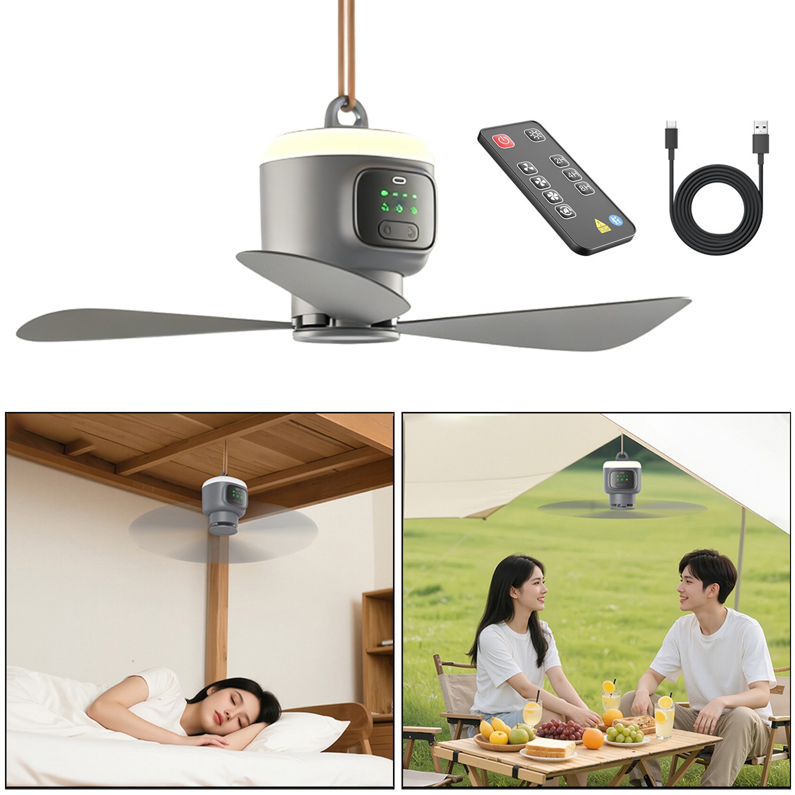 12000mAH USB Ceiling Fans for Camping Home ,w/ Light and Remote Control 3-Speed