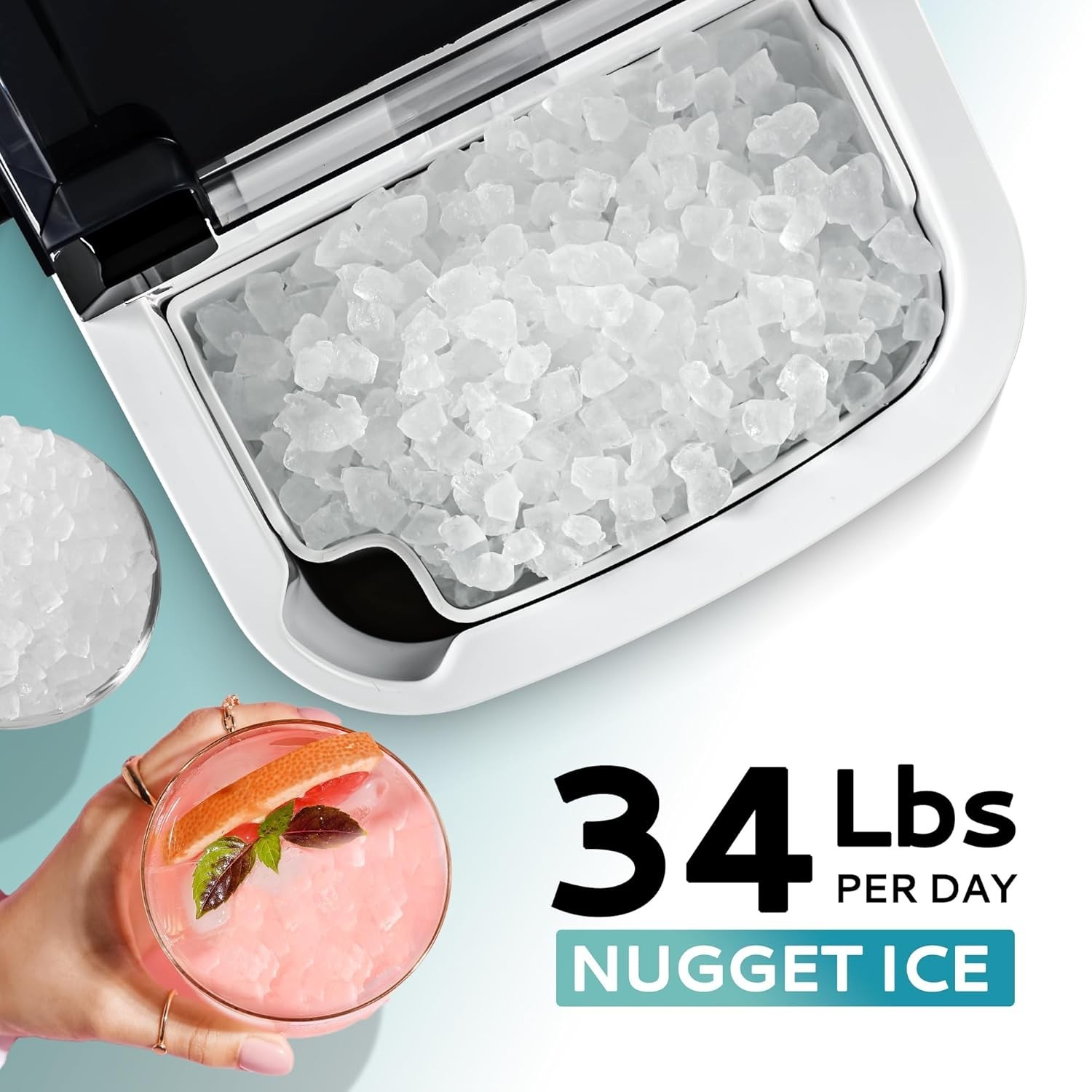 Compact Nugget Ice Maker – 34lbs Daily Capacity, Quiet, and Certified Safety