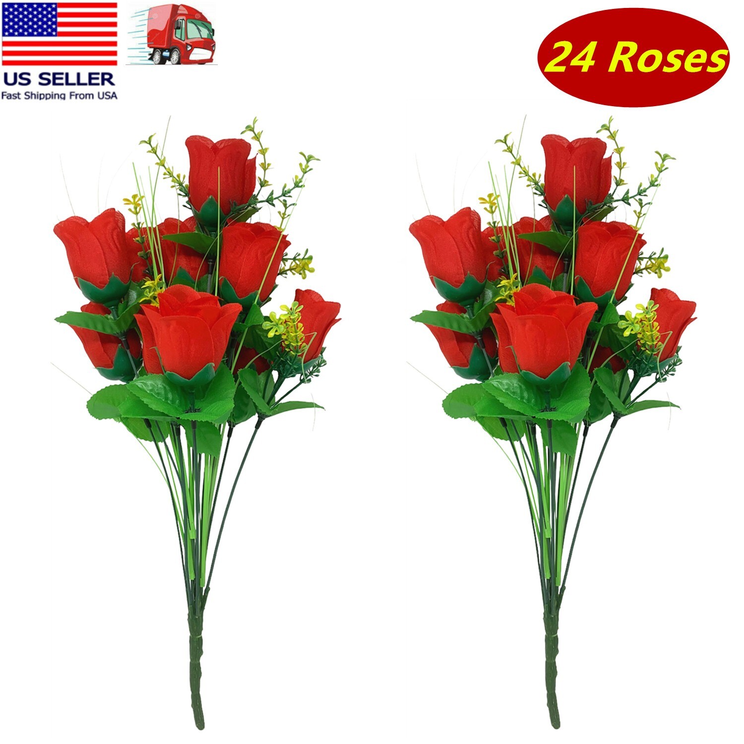 24 Red Rose Buds, Artificial Silk Flowers, Wedding Bouquets, Home, Faux Roses