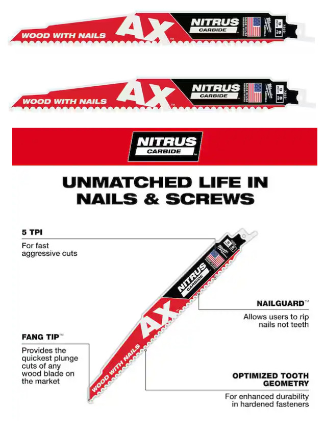 2 Milwaukee 9 in. 5 TPI The Ax Nitrus Carbide Teeth Wood With Nails 48-00-7252