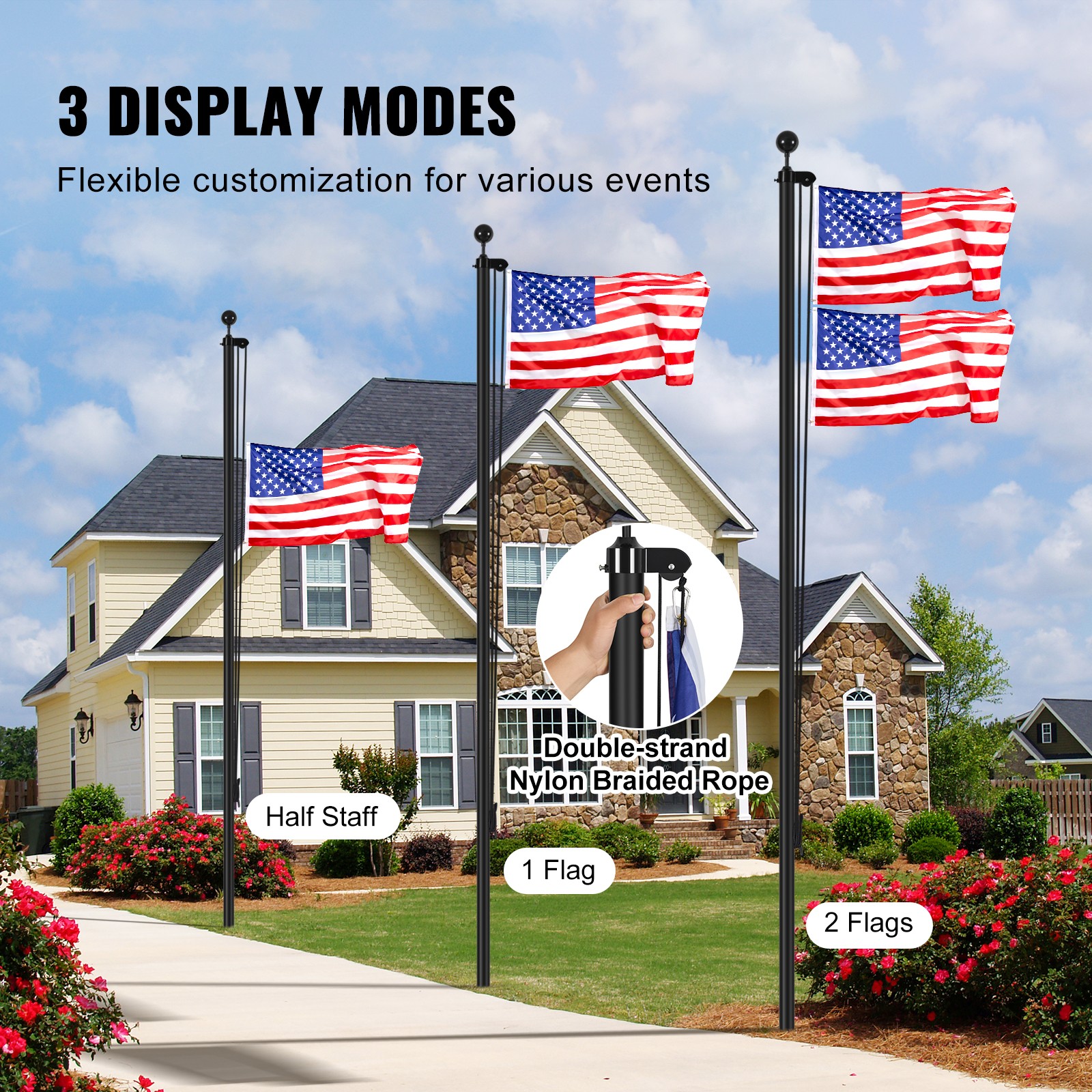 VEVOR 30FT Detachable Flagpole Kit Heavy Duty Aluminum Flag Pole American Black