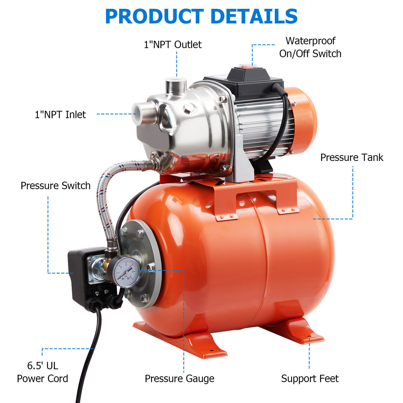 115V Shallow Well Garden Pump with Booster System and Pressure Tank Water Jet