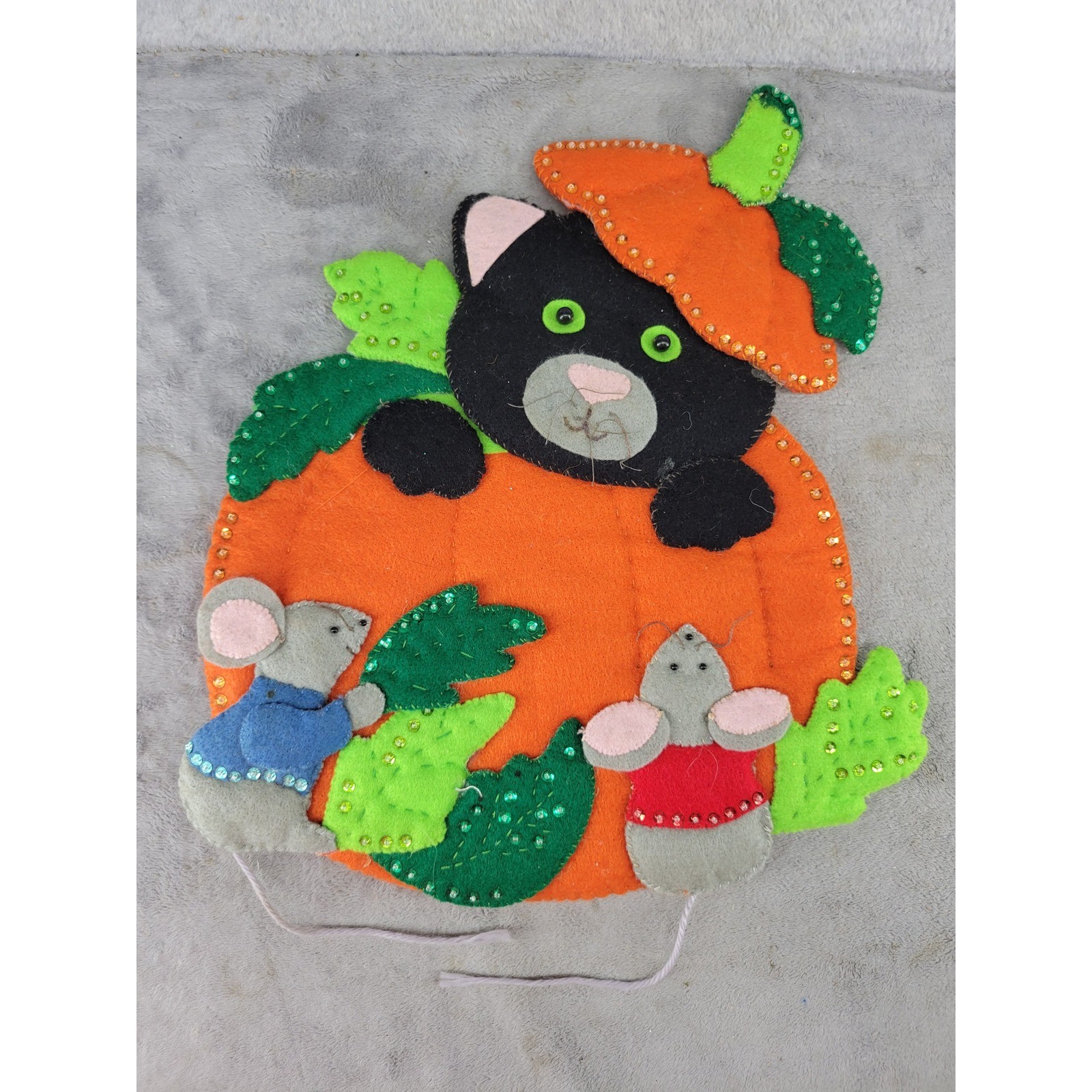 Vintage Handmade Halloween Felt Black Cat Mice Pumpkin Wall Hanging Decor 15.5in