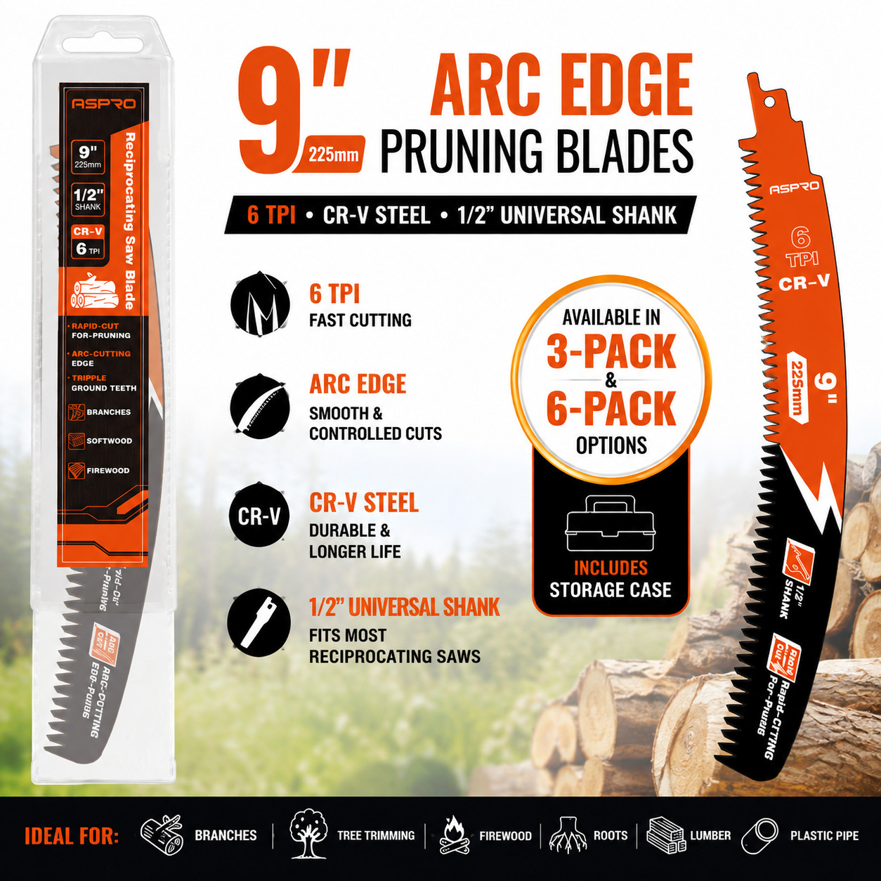9/12/15″ Reciprocating Saw Blades 6TPI Japanese Teeth CR-V Arc Edge Wood Pruning