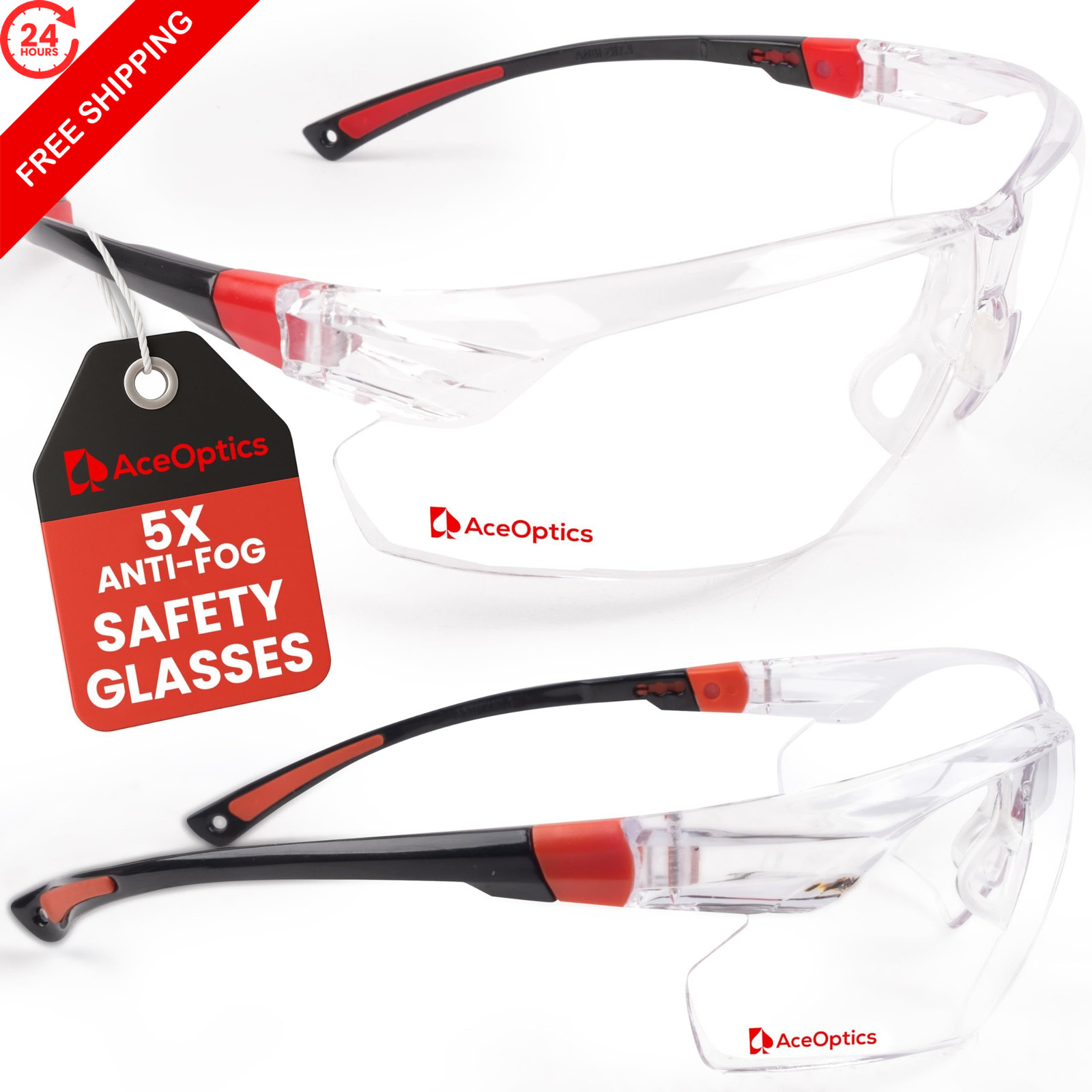 Aceoptics ANSI Z87 Safety Glasses for Men – One Size, Red & Black / Clear