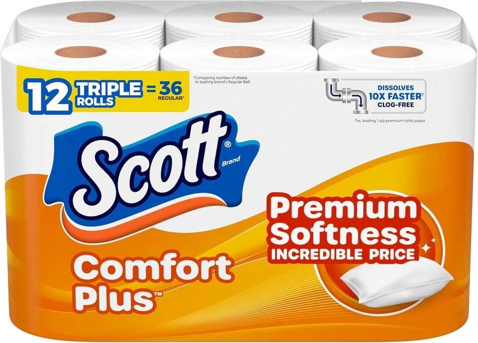Scott Comfortplus Toilet Paper, 12 Triple Rolls, 231 Sheets per Roll, Septic-Saf