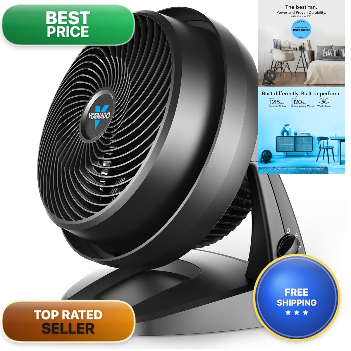 Vornado 630 Air Circulator Floor Fan, 3-Speed, 9 in, Adjustable Tilt Head, Black