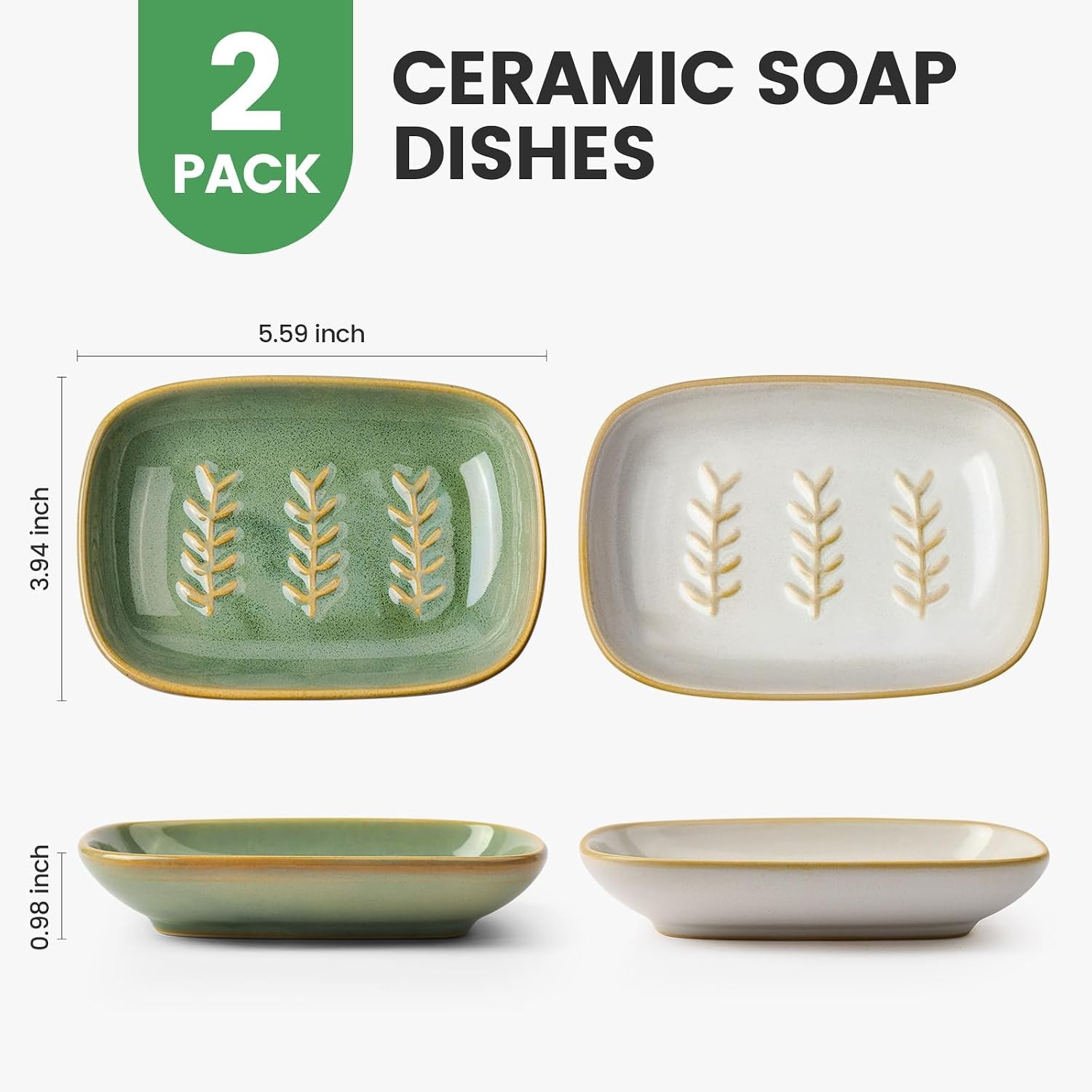 2 Pack Ceramic Soap Dish for Cleaner Shower, Decorative Soap Holder for Bar