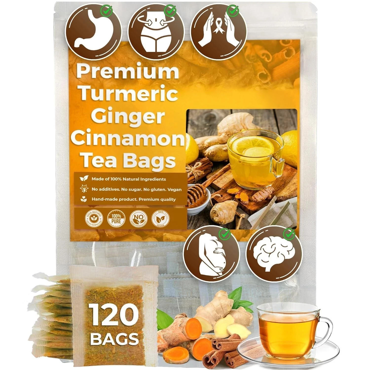 Turmeric Ginger Cinnamon Tea 60/120 Bags Vegan No Sugar Caffeine Gluten Free Hot