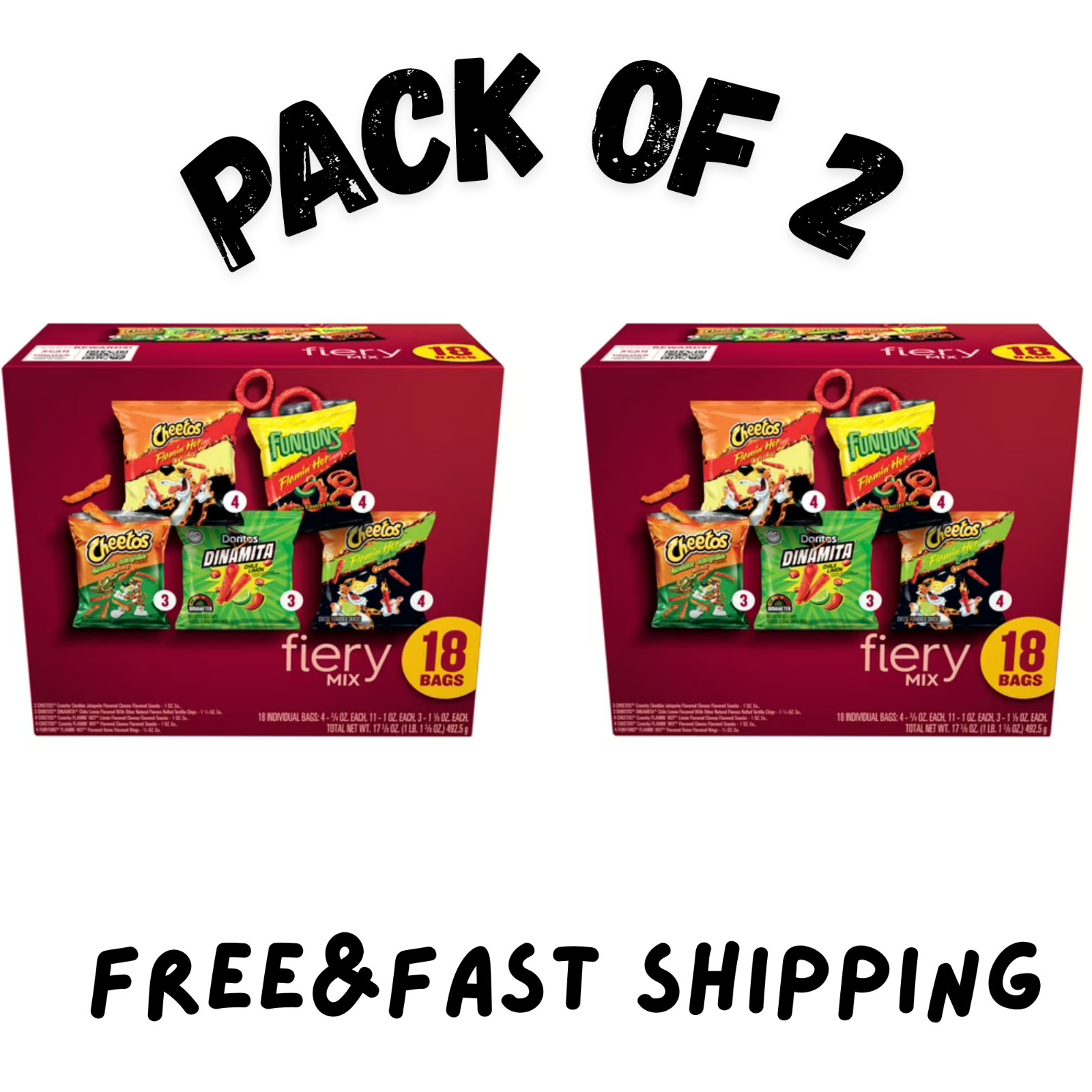 (2 PACK) Frito-Lay Fiery Mix Variety Pack Snack Chips, 18 Count Multipack