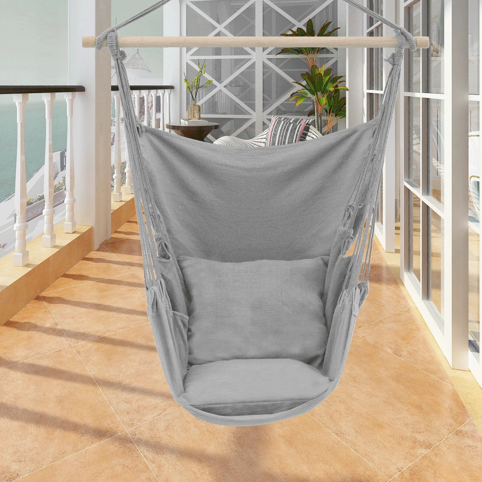 Hammock Chair Hanging Rope Swing, Max 500 Lbs, 2 Cushions with Pocket Superior