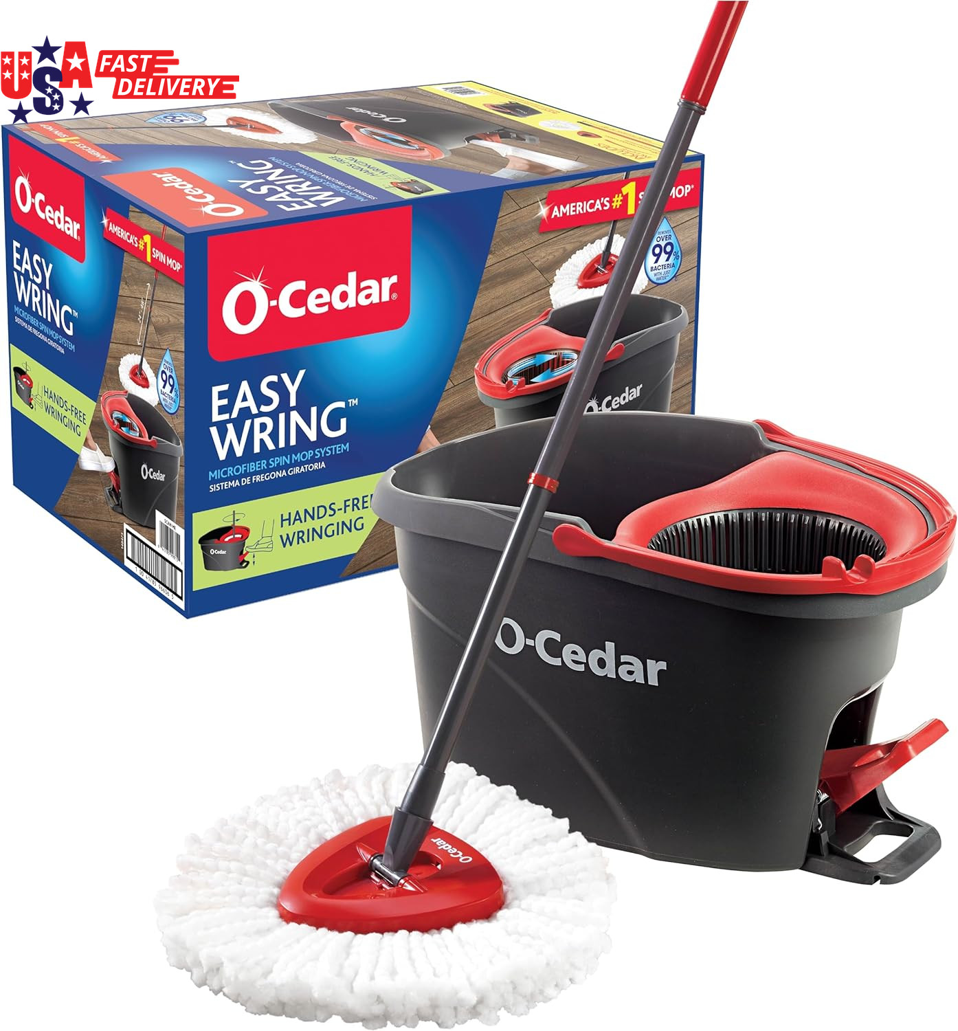 O-Cedar Easywring Microfiber Spin Mop, Bucket Floor Cleaning System, Red, Gray,