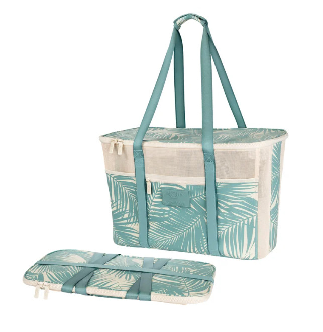 ALOHA Collection x CleverMade Collapsible Beach Tote Bag – Teal Palm Print – NEW