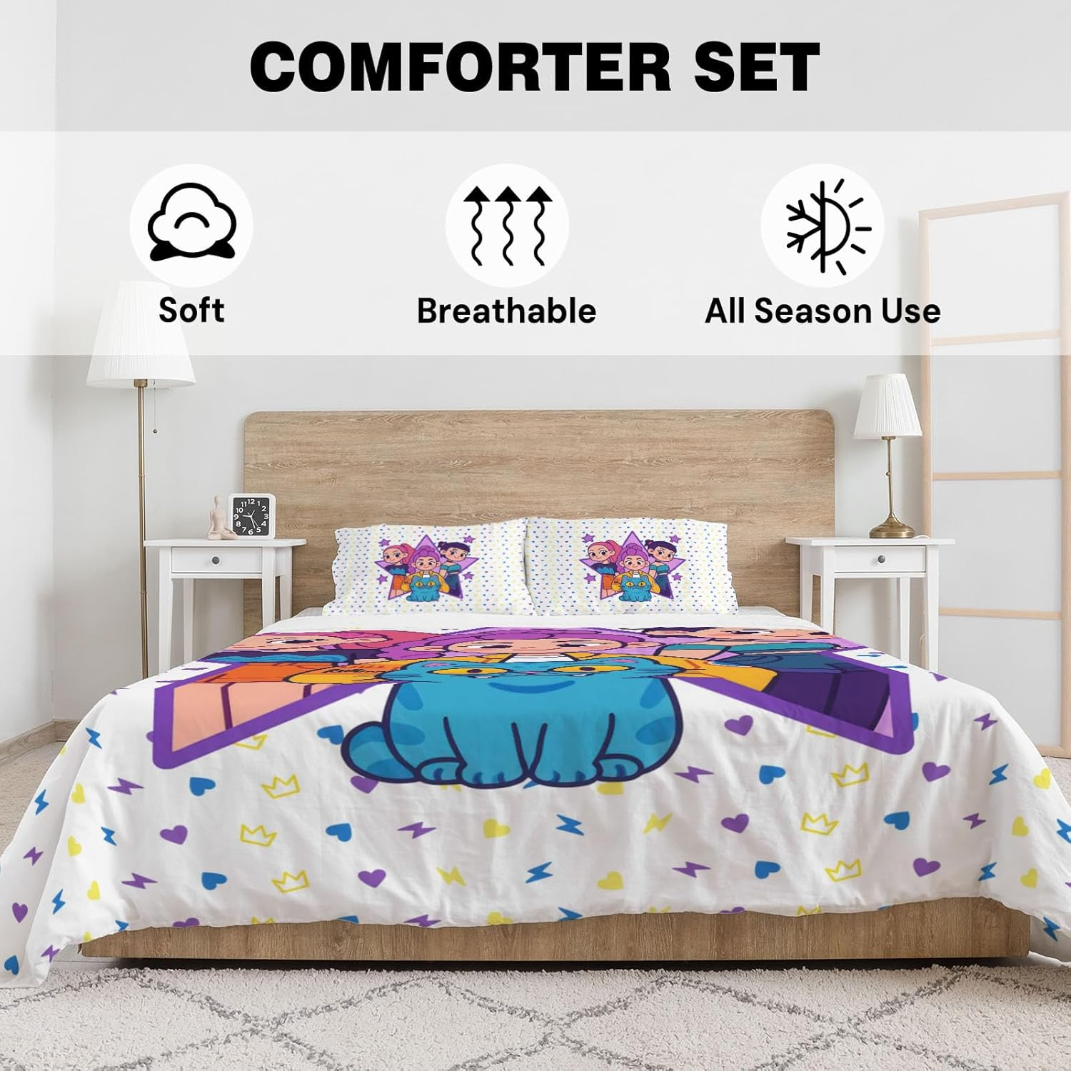 Cute Korean Anime Hunter Comforter Set with 1 Pillowcase for Girls Teens Women F