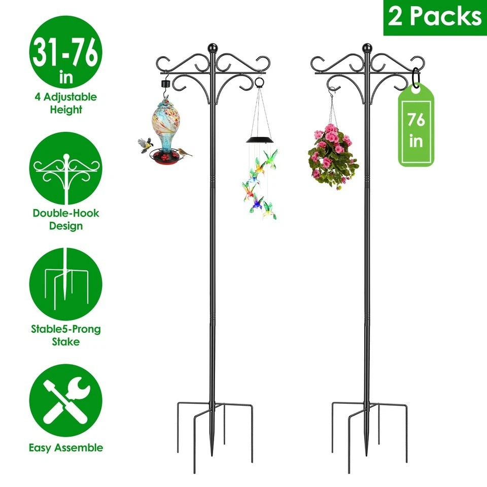 2 Packs 76in Heavy Duty Double Shepherds Hook Bird Feeder Pole Garden Hanging
